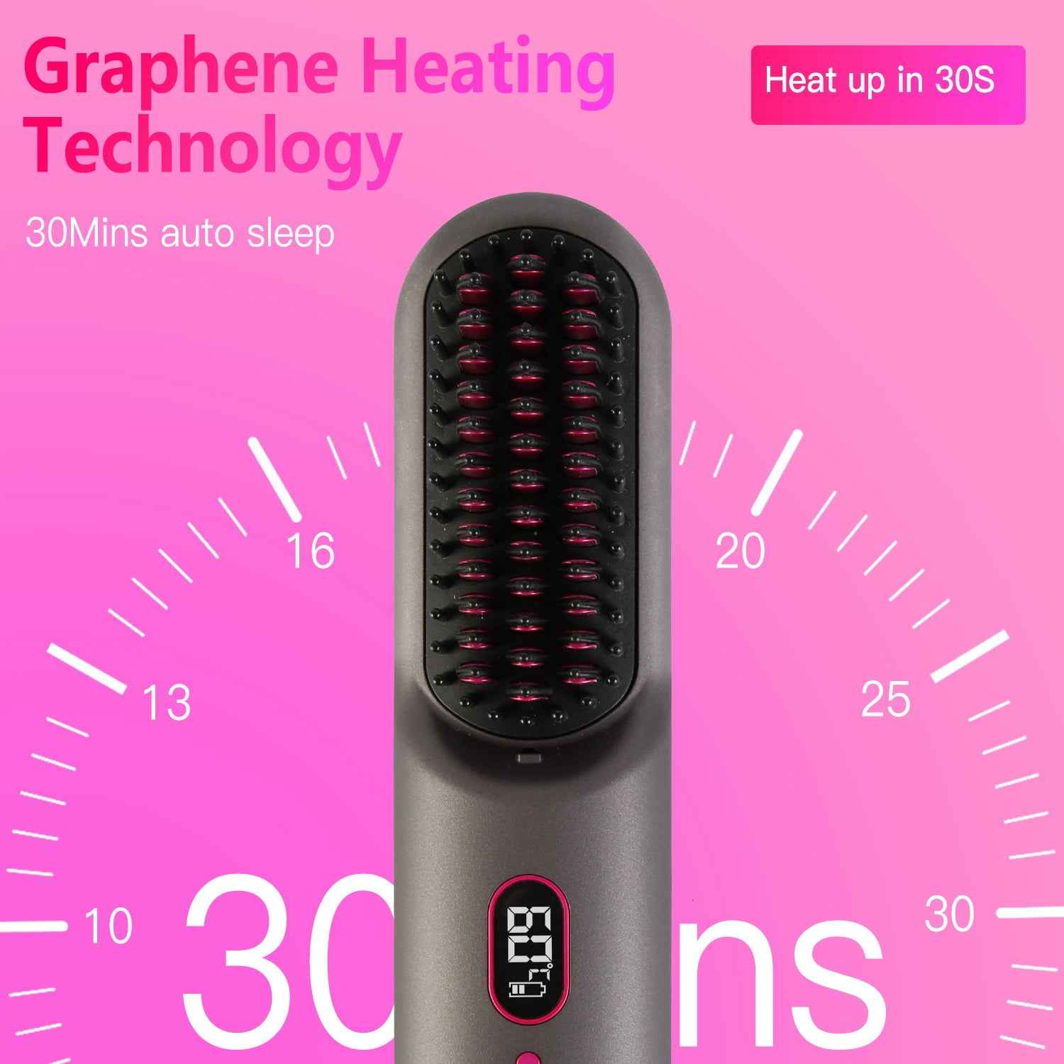 Cordless Hair Straightener Brush — Rechargeable Negative Ion Styling Comb with 12 Heat Settings, LCD Display & Anti-Scald Protection