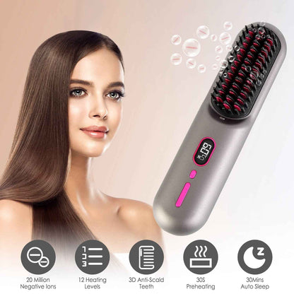 Cordless Hair Straightener Brush — Rechargeable Negative Ion Styling Comb with 12 Heat Settings, LCD Display & Anti-Scald Protection