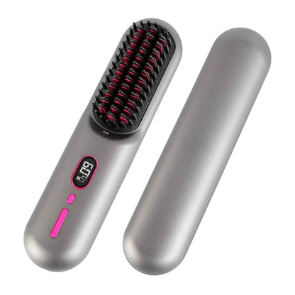 Cordless Hair Straightener Brush — Rechargeable Negative Ion Styling Comb with 12 Heat Settings, LCD Display & Anti-Scald Protection