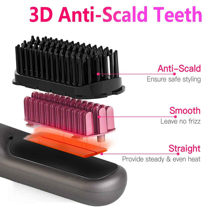 Cordless Hair Straightener Brush — Rechargeable Negative Ion Styling Comb with 12 Heat Settings, LCD Display & Anti-Scald Protection