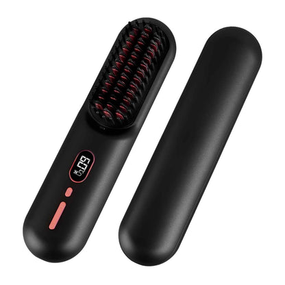Cordless Hair Straightener Brush — Rechargeable Negative Ion Styling Comb with 12 Heat Settings, LCD Display & Anti-Scald Protection
