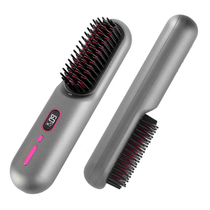 Cordless Hair Straightener Brush — Rechargeable Negative Ion Styling Comb with 12 Heat Settings, LCD Display & Anti-Scald Protection
