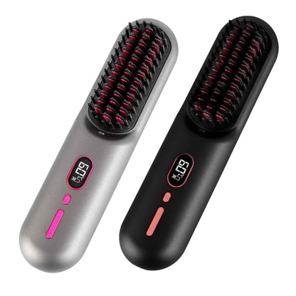 Cordless Hair Straightener Brush — Rechargeable Negative Ion Styling Comb with 12 Heat Settings, LCD Display & Anti-Scald Protection