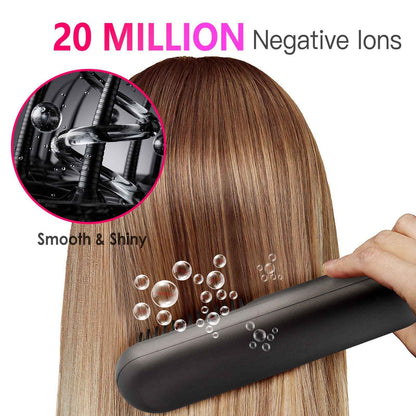 Cordless Hair Straightener Brush — Rechargeable Negative Ion Styling Comb with 12 Heat Settings, LCD Display & Anti-Scald Protection