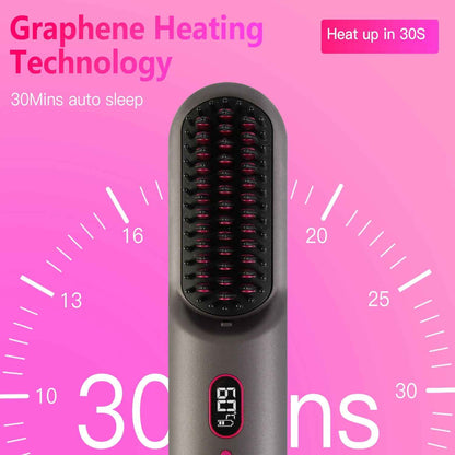 Cordless Hair Straightener Brush — Rechargeable Negative Ion Styling Comb with 12 Heat Settings, LCD Display & Anti-Scald Protection